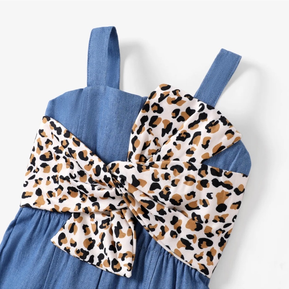 NWOT denim leopard print bow baby girl overalls. - Picture 3 of 6